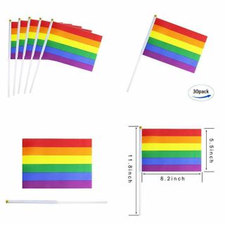 30 Pack Rainbow Pride Flag Small Mini Hand Held Stick Usa American 8.  2 " X 5.  5