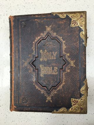 Antique Leather Family Holy Bible With Brass Clasps And Corners.