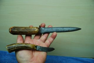 2 pc 19th Century Antique Primitive Hand Made Hunting Knives Antler Handles 2