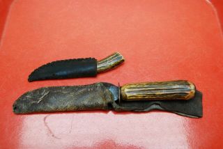 2 pc 19th Century Antique Primitive Hand Made Hunting Knives Antler Handles 3