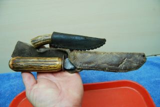 2 pc 19th Century Antique Primitive Hand Made Hunting Knives Antler Handles 4