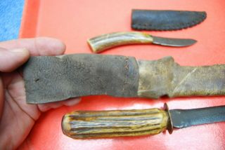 2 pc 19th Century Antique Primitive Hand Made Hunting Knives Antler Handles 6