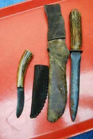 2 pc 19th Century Antique Primitive Hand Made Hunting Knives Antler Handles 8