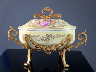 Antique French Sevres Style Porcelain & Ormolu Bronze Covered Bowl Bonbonniere