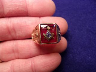 2 Of 4,  Vtg 10k Y/gold,  Red Ruby & Blue Enamel Masonic Compass Ring