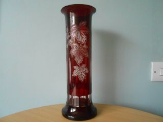 Large Antique Bohemian/moser Cut & Acid Etched Ruby Overlay Cameo Glass Vase