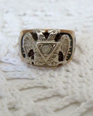 10K/14K White/Yellow Gold Diamond Masonic Scottish Rite 32nd Degree Ring Sz 8 2