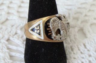 10K/14K White/Yellow Gold Diamond Masonic Scottish Rite 32nd Degree Ring Sz 8 3