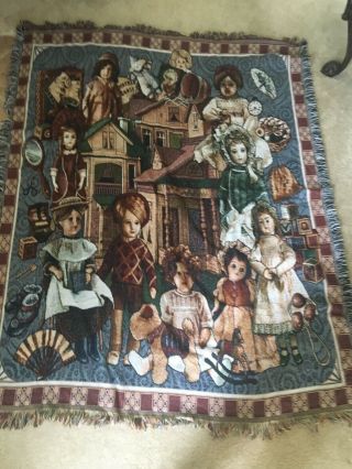 American Weaver Antique Dolls Woven Tapestry Throw Blanket Sz.  54”x 69”