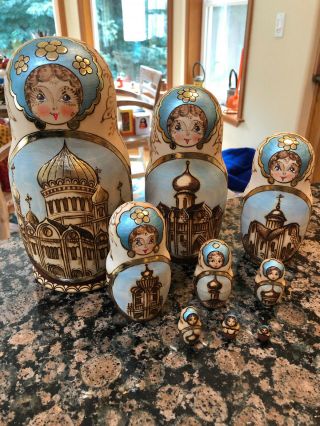 Russian Ussr Nesting Dolls,  Large Set Of 9,  Hand Carved,  Wood Burned,  Painted