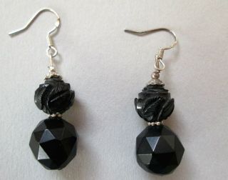 Antique Victorian Gothic Whitby Jet Bead Earrings 925 Silver Pierced Boxed Drop