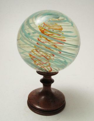 Large Antique 2.  3 " Handmade Glass Marble German With Wooden Treen Stand