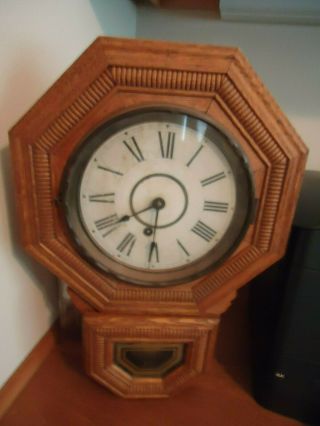 Antique Ingraham Oak Octagon Drop School House Regulator Wall Clock