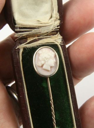 Antique Victorian C1890 Boxed Silver Italian Shell Cameo Stick Pin Brooch