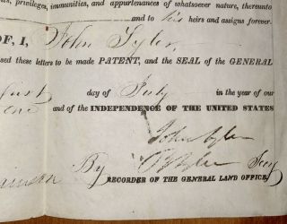 Land Grant Signed by John Tyler and/or his Son - To Senator David J Baker - 1841 2