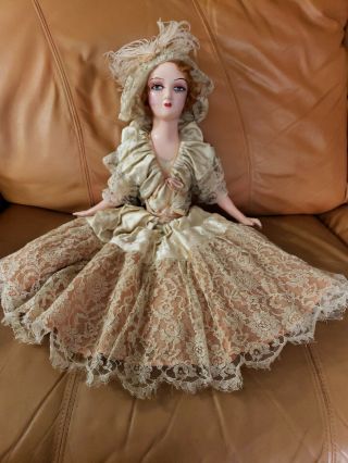 Gorgeous Old Vintage French Boudoir Bed Doll Soft Peach Dress Hat W/ostrich