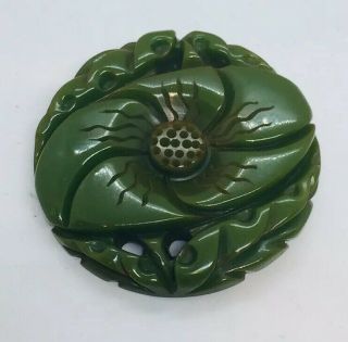 Antique Green Deep Carved Bakelite Large Flower Pin