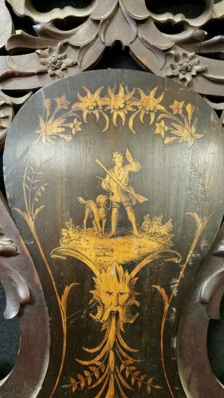 Antique Black Forest Walnut Marquetry Chair Back with Hunt Scene Man & Dog 3