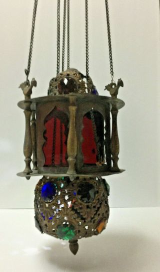 Antique Moroccan Pendant Lamp Moorish Colored Glass Circa 1890 - 1920