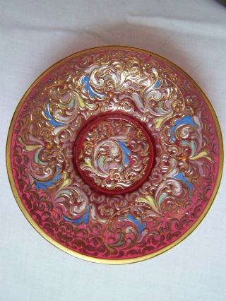 2 Antique Moser Cranberry Glass Heavy Gold And Enamel Design 4 3/8 " Saucer/dish