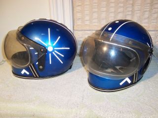 Unusual Matching Pair Vintage Decorated Motorcycle Helmets & Face Shields