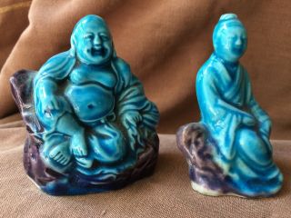 Antique Chinese Turquoise Glaze Porcelain Man And Woman Figurines