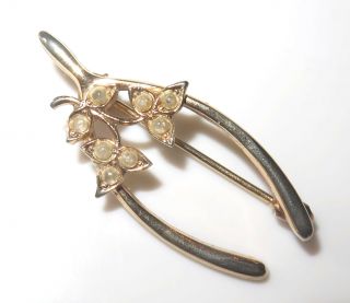 Vintage Estate Antique 14k Yellow Gold Pearl Wishbone Luck Brooch Pin 2.  4 G