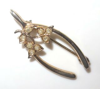 Vintage Estate Antique 14K yellow Gold Pearl Wishbone Luck Brooch Pin 2.  4 g 2