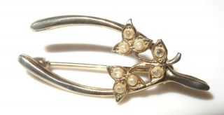 Vintage Estate Antique 14K yellow Gold Pearl Wishbone Luck Brooch Pin 2.  4 g 4