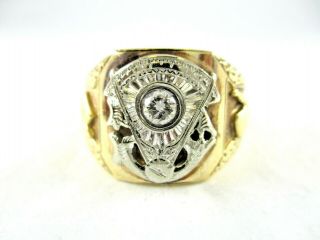 Masonic 10k Yellow & White Gold Diamond Ring 5.  3 Mm Top 9.  76 Grams Size 10.  25