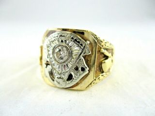 Masonic 10K Yellow & White Gold Diamond Ring 5.  3 mm Top 9.  76 Grams Size 10.  25 5