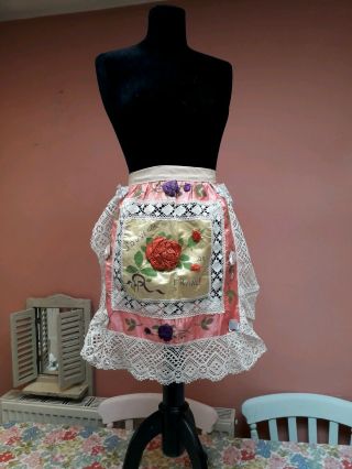 Antique 1920s Ribbonwork Hand Embroidery Apron Rose Silk Souvenir De France