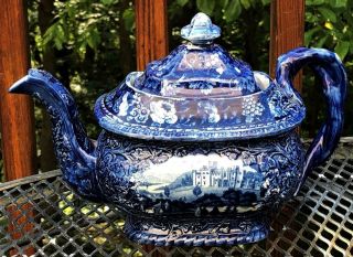 Antique Staffordshire Dark Blue Teapot,  " Castle Toward ",  J.  Hall & Sons,  C.  1825