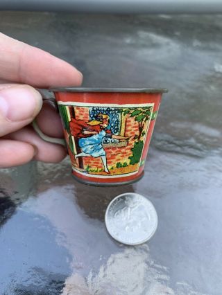 Antique Little Red Riding Hood Running And The Ax Man Mini Tin Cup - Germany ?