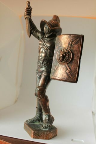 Antique Art Sculpture Bronze Solder In Armor With Shield Detailed