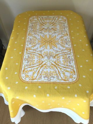 Vintage Linen Tablecloth - Large White,  Printed Yellow/mustard Design 64 " X 51 "