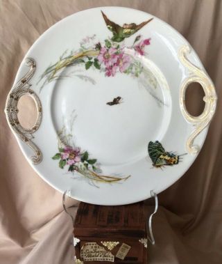 Antique Limoges France Cake Plate Hand Painted Butterflies Birds Pink Roses Gilt