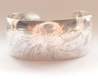 Stunning Thick Big Antique 925 Sterling Silver Bangle Engraved Retro Flower 17g