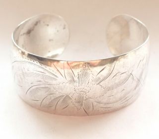 Stunning Thick Big Antique 925 Sterling Silver Bangle Engraved Retro Flower 17g 2