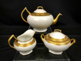 Antique Limoges Gold Trimmed White Porcelain Tea - Coffee Pot Set Art Deco