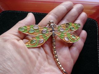 Large Dragonfly Antique Vintage & Enamel Brooch Pin Green/peach Cabochon Detail