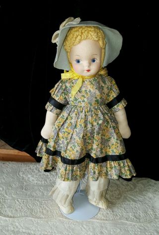 18 " Little Antique Cloth Doll W Mask Face - Adorable Outfit,  Bonnet,  Oil Cloth Sho