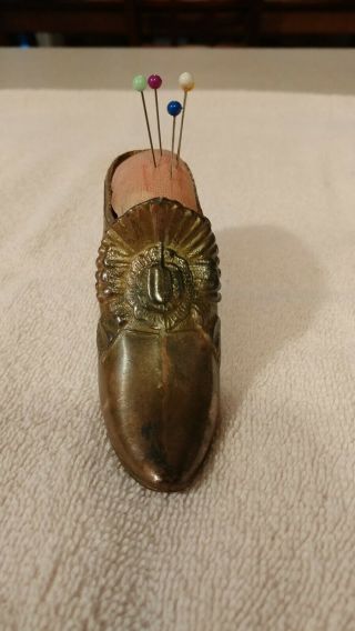Vintage Antique Brass Shoe Figural Pin Cushion Ornate Sewing