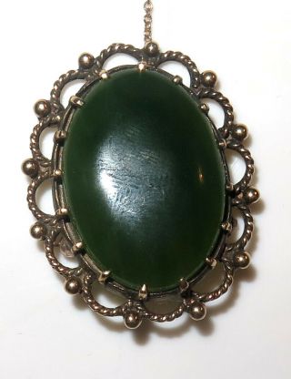 Vintage Estate Antique 14K Yellow Gold Nephrite Jade Cabochon Brooch Pin signed 3