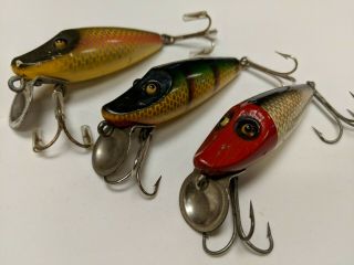 3 Vintage Unknown River Runt Paw Shur Strike Bass Fishing Lures Unmarked