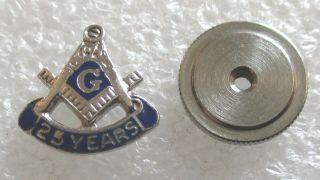 Vintage Masonic Blue Lodge 25 Year Member Award Lapel Pin - Sterling Screw Back