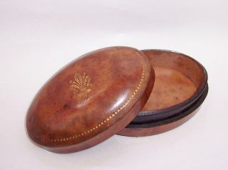 Antique/vintage Oval Italian Leather Trinket Keepsake Box With Gold Gilt Work