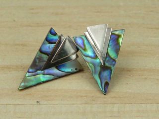 Vintage Art Deco Sterling Silver Abalone Shell Triangle Earrings 2
