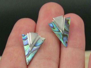 Vintage Art Deco Sterling Silver Abalone Shell Triangle Earrings 5