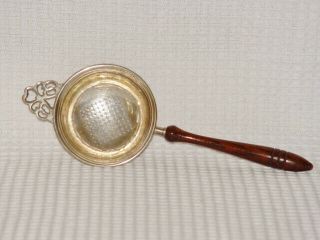 Antique Tea Strainer With Turned Wood Handle Silver Plated Hand
